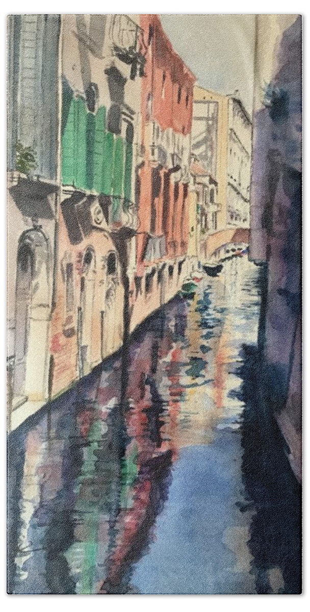 Venice Beach Towel featuring the painting Reflections on a Venice Canal by Sonia Mocnik