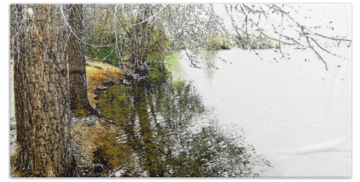 Lake Beach Sheet featuring the digital art Reflective trees by Deb Nakano