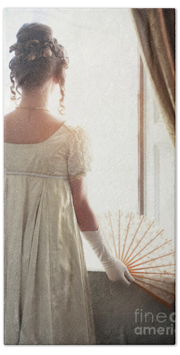 Regency Beach Towel featuring the photograph Regency Woman Looking Out Of The Window by Lee Avison