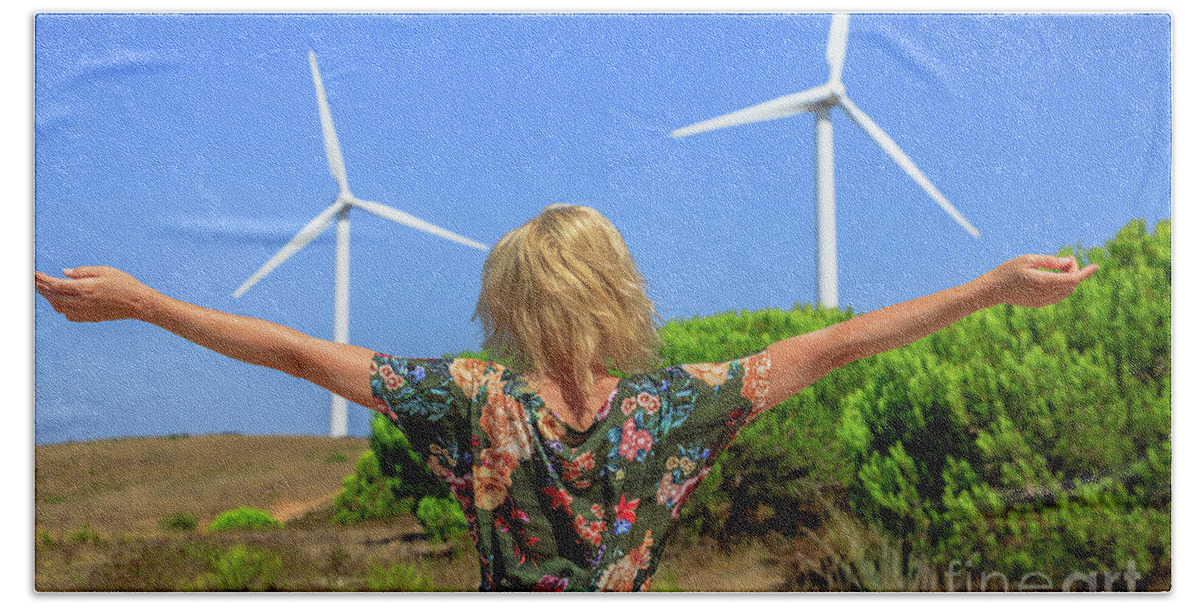 Wind Turbines Beach Towel featuring the photograph Renewable energy concept by Benny Marty