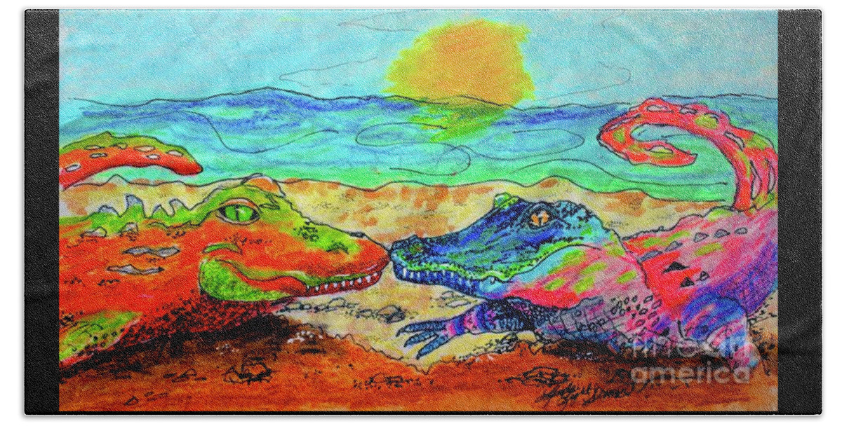 Crocodile Beach Towel featuring the painting Reptilian Love by Linda Simon