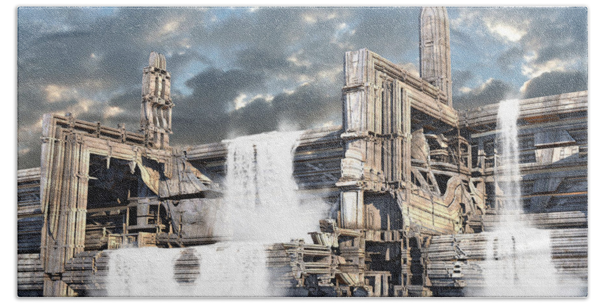 Sciencefiction Scifi Grunge Dystopian Architecture Building Fractal Water Waterfall Steampunk Fractalart Mandelbulb3d Mandelbulb Beach Sheet featuring the digital art Reservoir Overflow by Hal Tenny