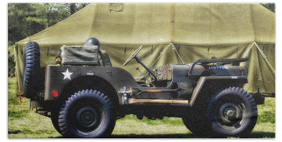 Jeep Beach Towel featuring the photograph Restored Willys Jeep and Tent at Fort Miles by Bill Swartwout