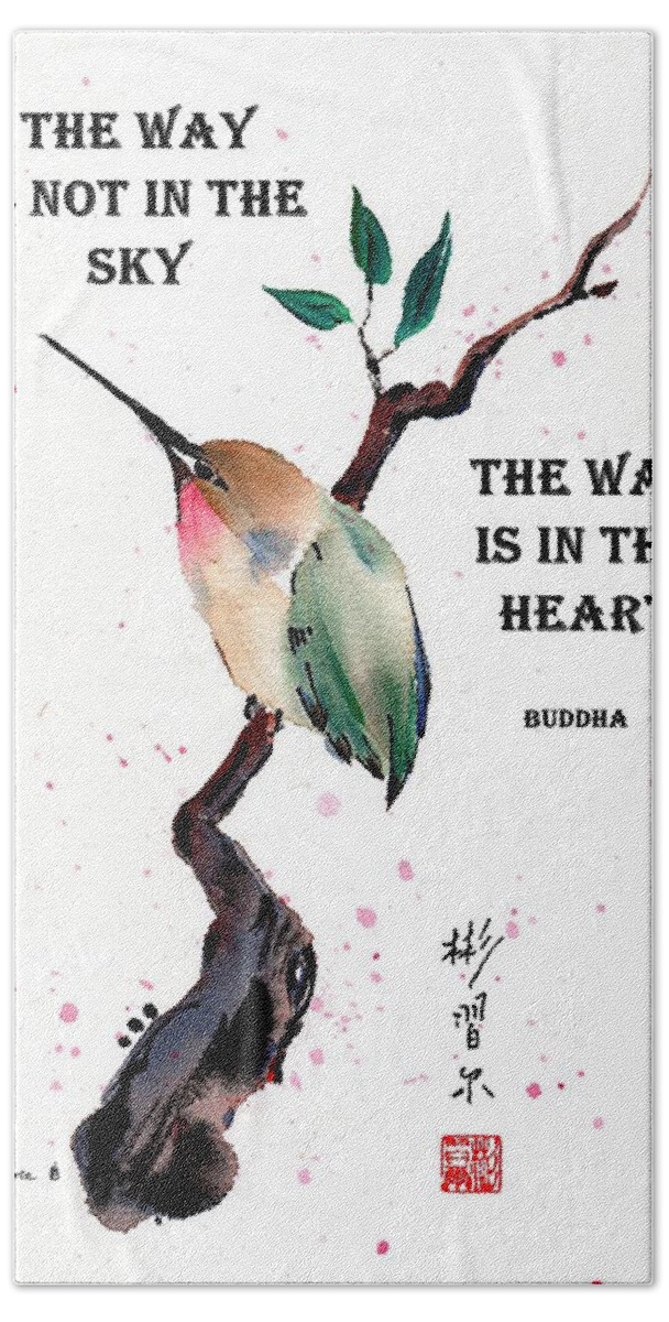 Chinese Brush Painting Beach Towel featuring the painting Retreat with Buddha quote by Bill Searle