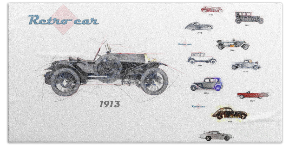 Cars Beach Towel featuring the digital art Retro Car In Sketch Style by Ariadna De Raadt
