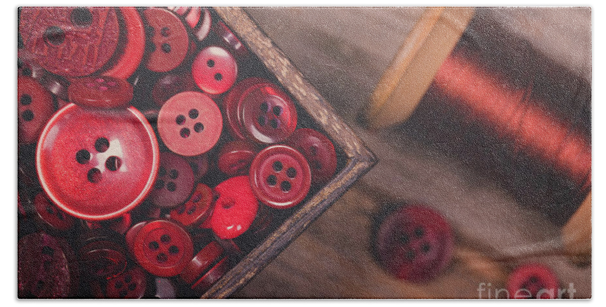 Thread Beach Sheet featuring the photograph Retro styled red buttons and thread by Jane Rix