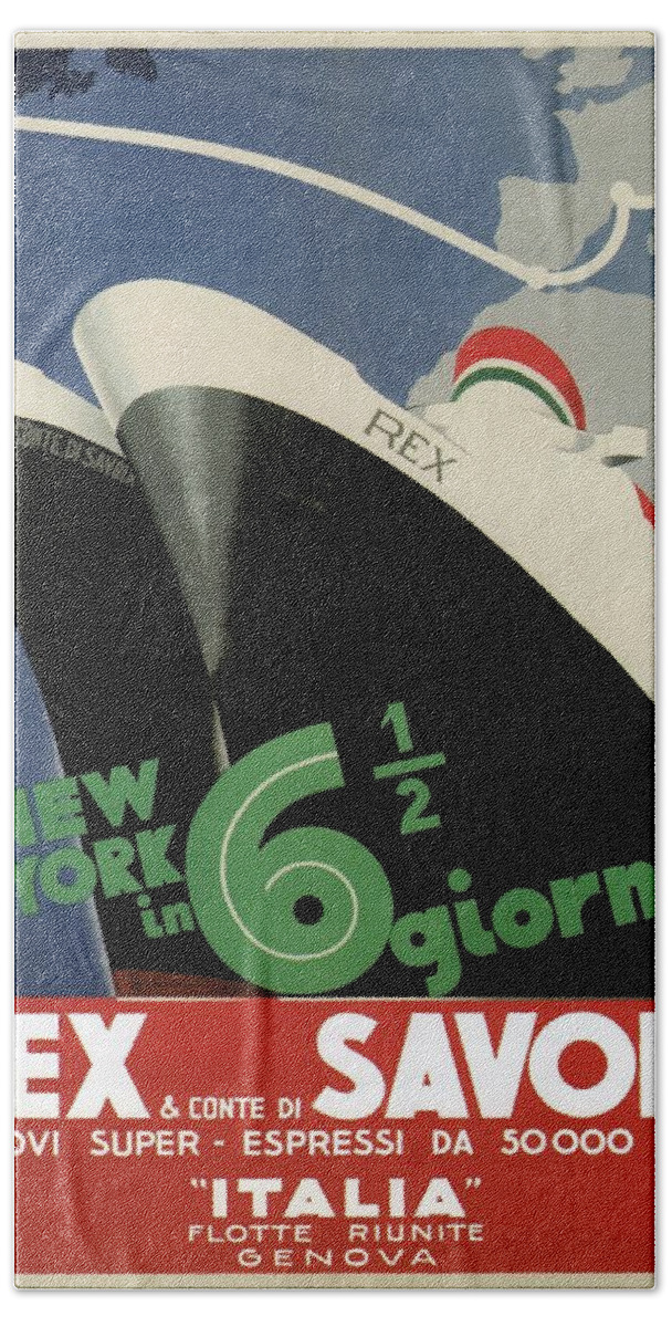 Rex Beach Towel featuring the painting Rex, Conte di Savoia - Italian Ocean Liners to New York - Vintage Travel Advertising Posters by Studio Grafiikka