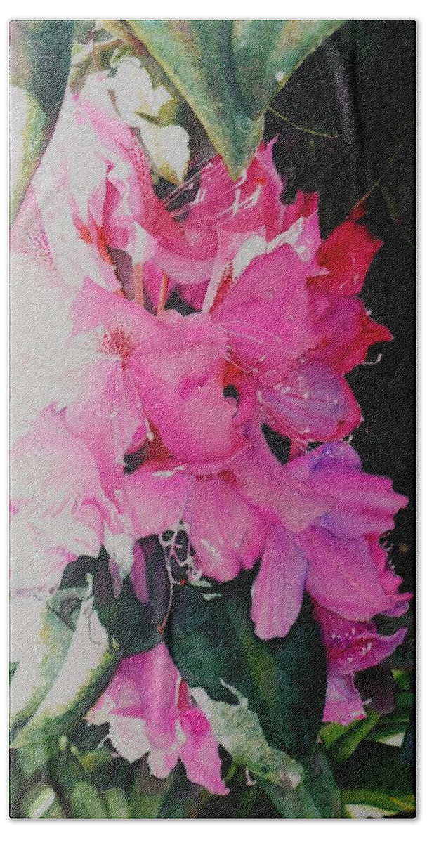  Beach Towel featuring the painting Rhodies by Barbara Pease