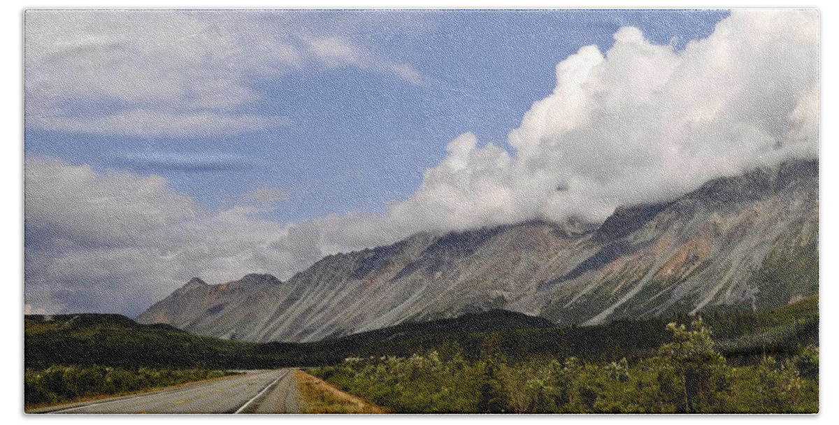 Richardson Highway Beach Towel featuring the photograph Richardson Highway at Rainbow Mountain by Cathy Mahnke