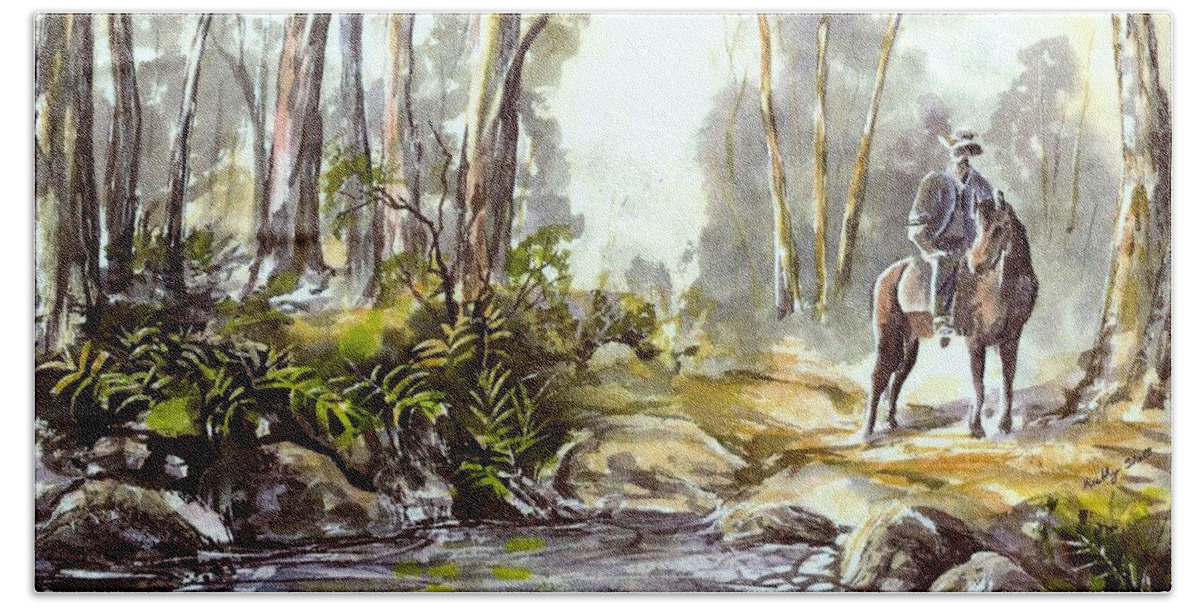 Horse Beach Sheet featuring the painting Rider by the Creek by Ryn Shell