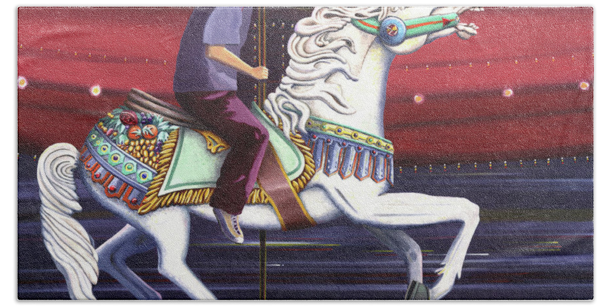 Riding The Carousel Horse Merry Go Round Child Children Beach Towel featuring the painting Riding The Carousel by Gary Giacomelli