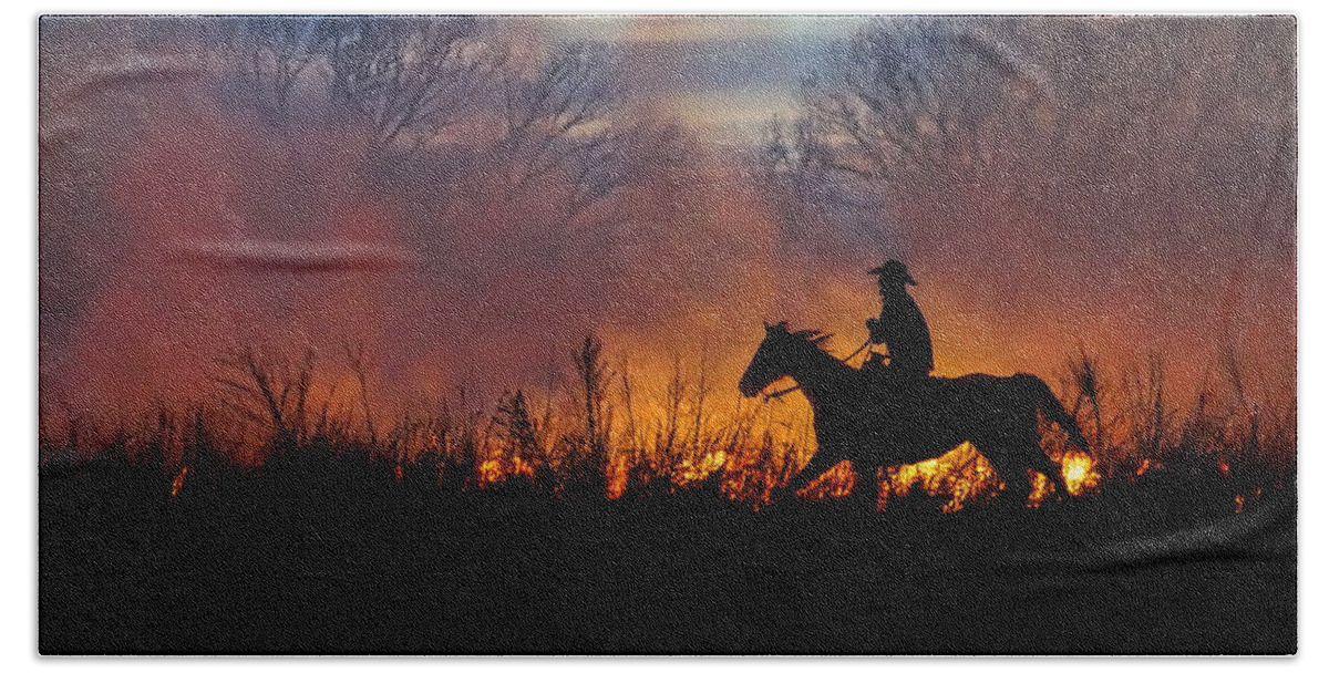 Flint Hills Beach Towel featuring the photograph Riding the Fire Line by Alan Hutchins