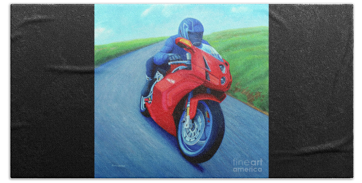 Motorcycle Beach Towel featuring the painting Riding the Highlands - Ducati 999 by Brian Commerford