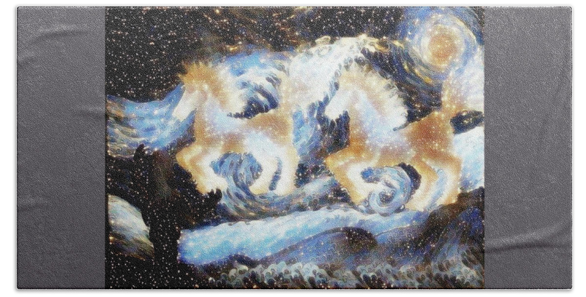 Horses In Flight. Starry Night. Beach Towel featuring the digital art Riding the Night by Natural Mystic Arts By Hannah Donkersloot