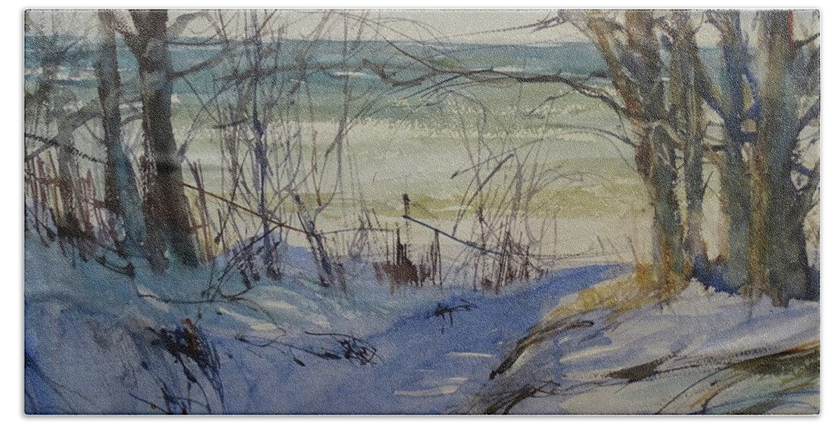 Michigan Beach Sheet featuring the painting Riley Beach December by Sandra Strohschein
