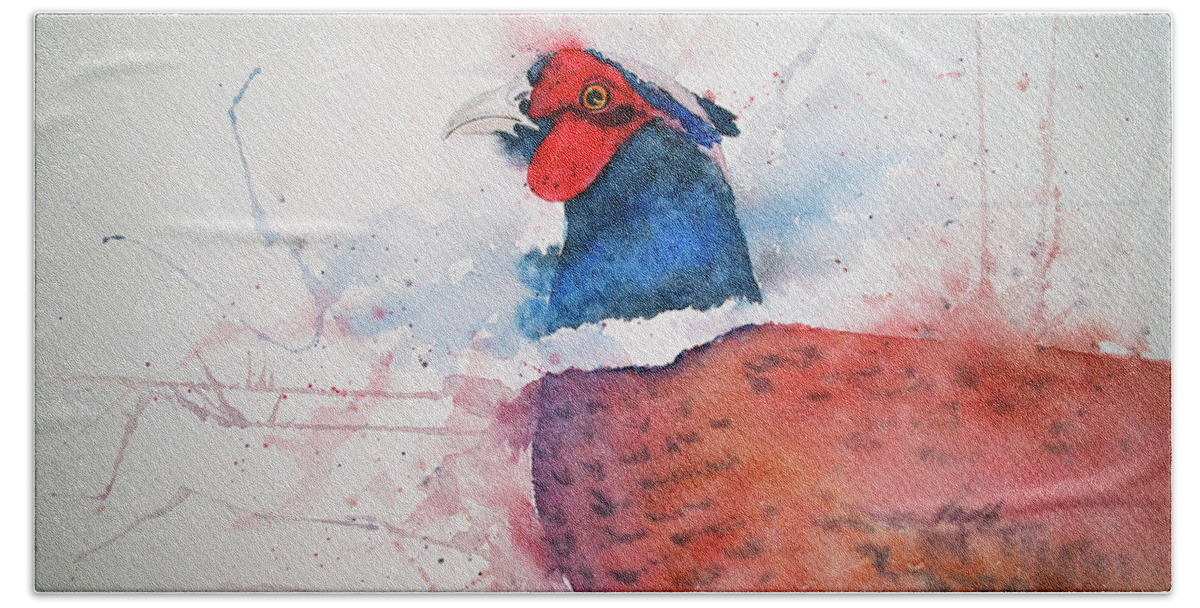 Ring-necked Pheasant Beach Towel featuring the painting Ring-necked Pheasant by Rebecca Davis