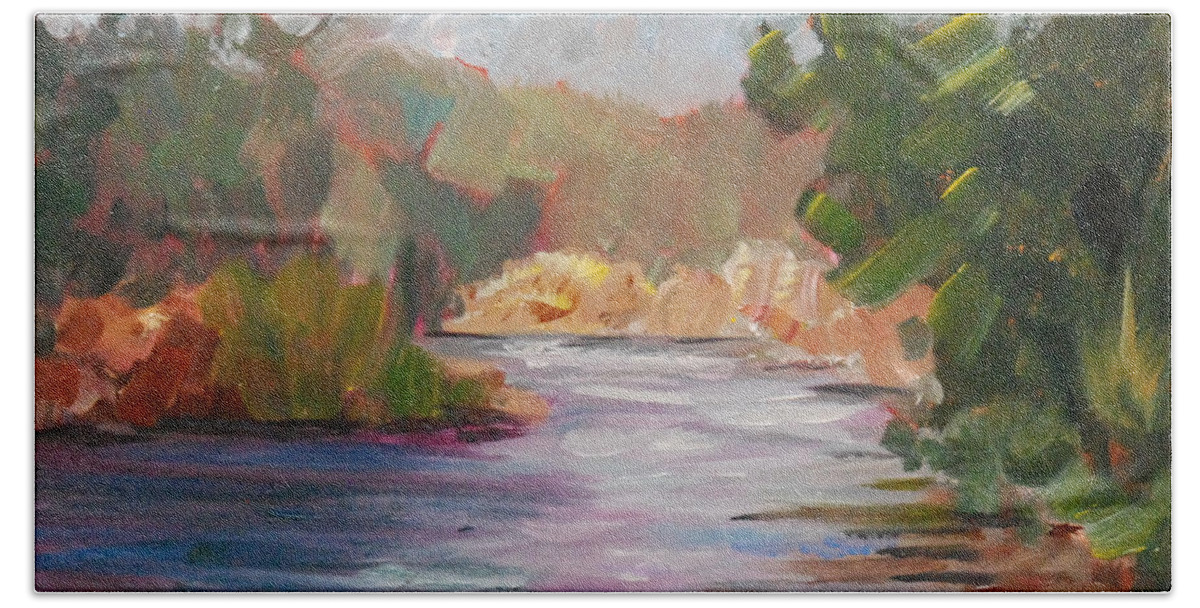 Plein Air Beach Towel featuring the painting River Light by Mary Benke
