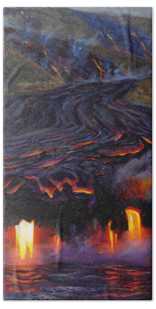 Hot Lava Beach Towel featuring the painting River of Fire - Kilauea Volcano Eruption Lava Flow Hawaii Contemporary Landscape Decor by K Whitworth