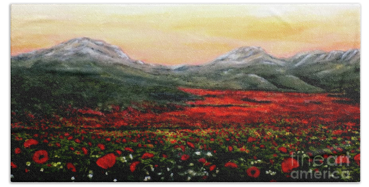 Poppies Beach Sheet featuring the painting River of Poppies by Judy Kirouac