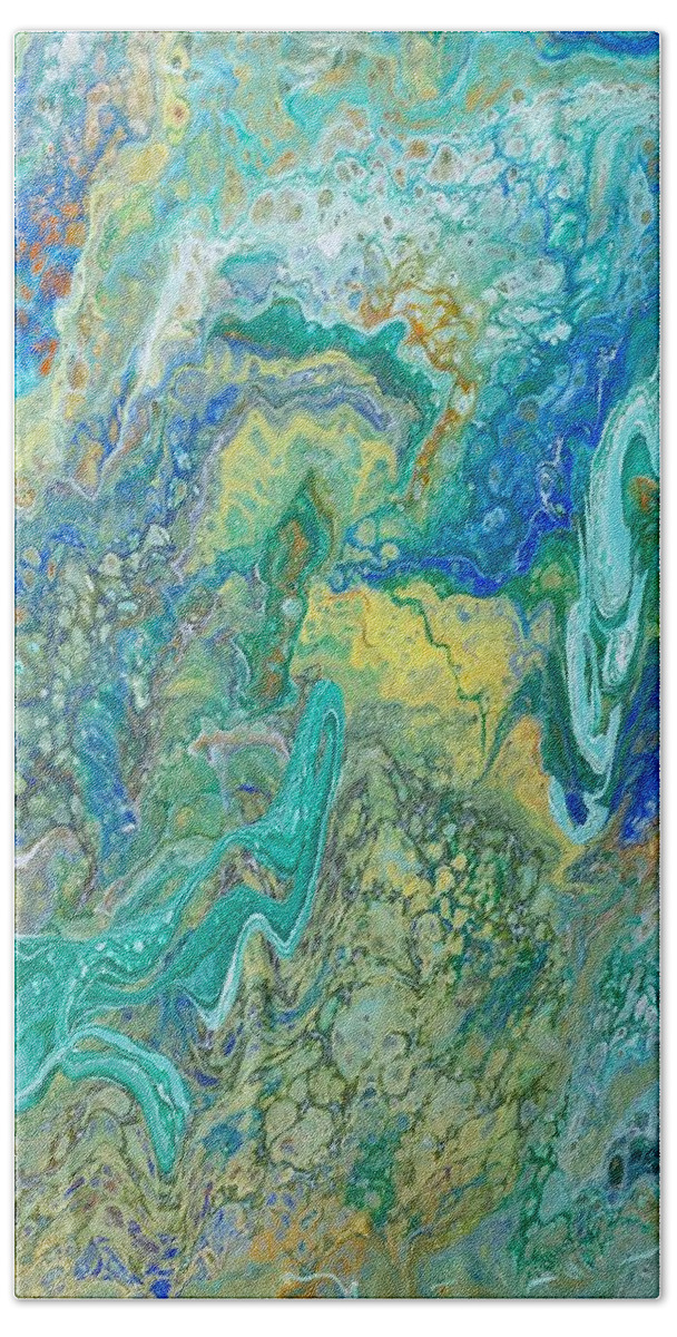 Blue Green Flow Movement Beach Towel featuring the painting River by Valerie Josi