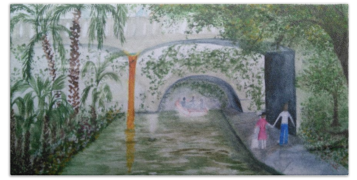 River Walk Beach Towel featuring the painting River walk, beyond umbrellas by Susan Nielsen