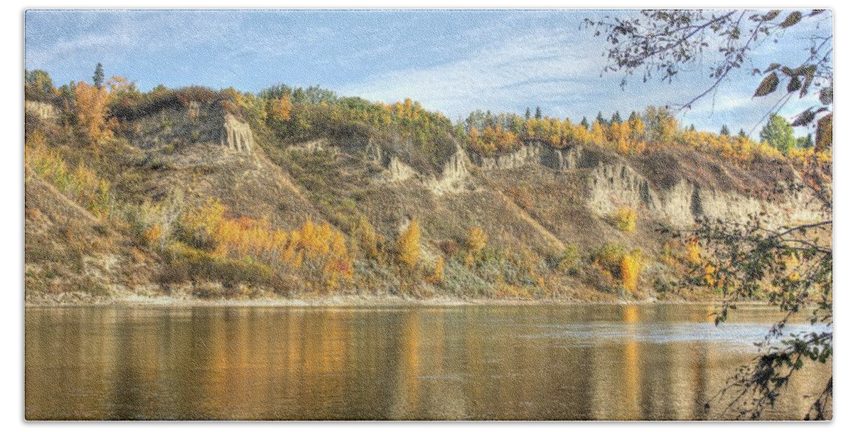 River Beach Sheet featuring the photograph Riverbank in Autumn by Jim Sauchyn