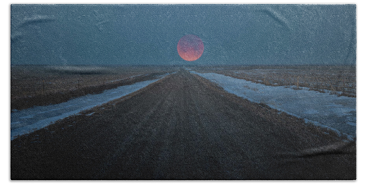 Blue Super Blood Moon Beach Sheet featuring the photograph Road to Nowhere - Blood Moon by Aaron J Groen