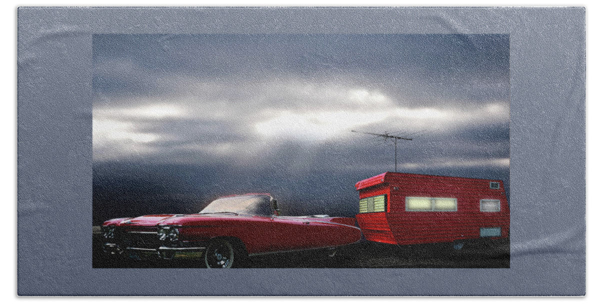 Transportation Beach Towel featuring the photograph Red Cadillac Travel Trailer Road Trip by Larry Butterworth