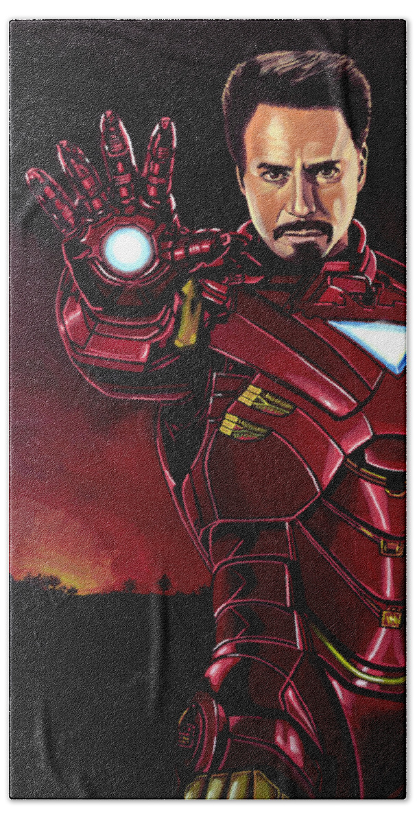Iron Man Beach Towel featuring the painting Robert Downey Jr. as Iron Man by Paul Meijering