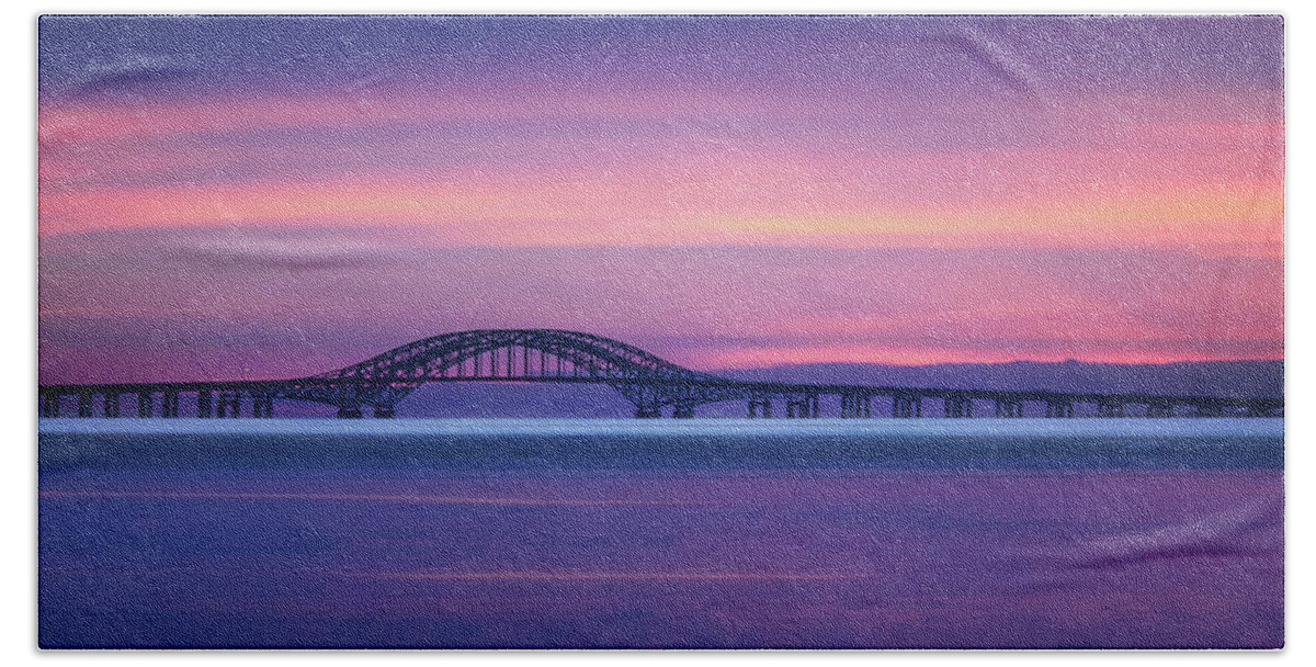 Robert Moses Beach Towel featuring the photograph Robert Moses Bridge in Pink, Purple and Blue by Vicki Jauron