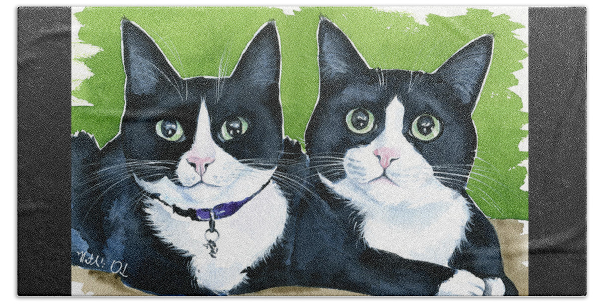 Cat Beach Towel featuring the painting Robin and BatCat - Twin Tuxedo Cat Painting by Dora Hathazi Mendes