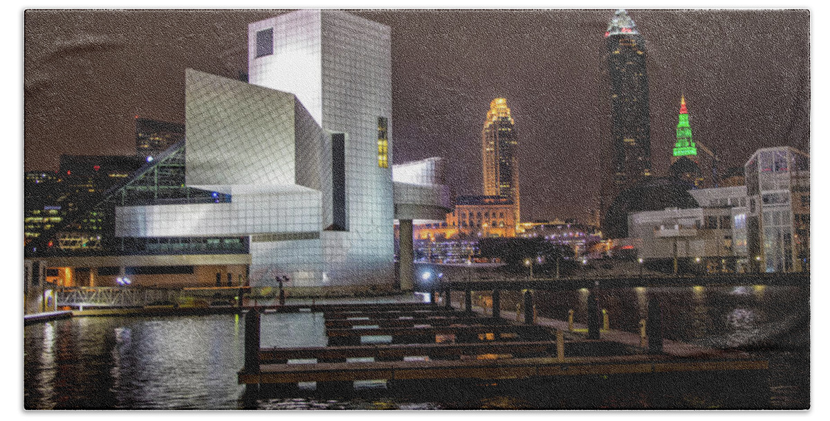 Cleveland Beach Towel featuring the photograph Rock Hall of Fame and Cleveland Skyline by Peter Ciro