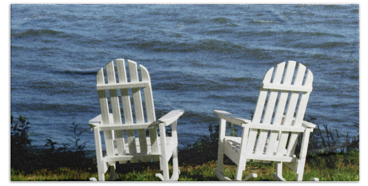 Adirondak Beach Towel featuring the photograph Rocking Adirondak Chairs on the Maine Coast by DejaVu Designs