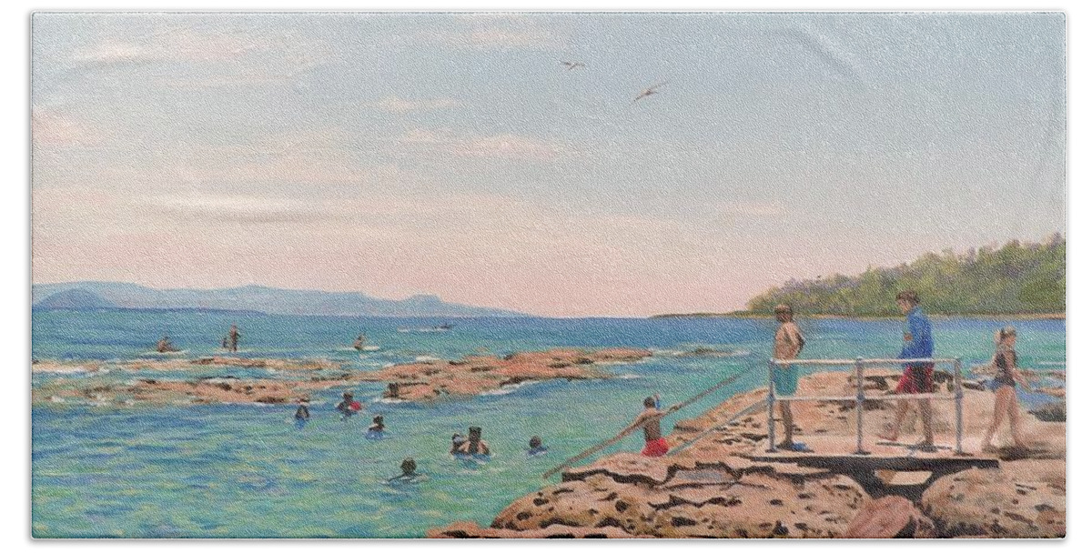 Rocks Beach Towel featuring the painting Rockpool at Currarong by Anne Gardner