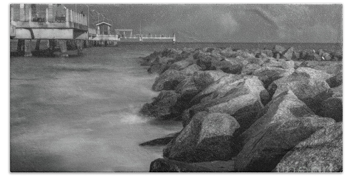 Black And White Beach Towel featuring the photograph Rocks and Pier at Fort Desoto Park, Florida Blk Wht by Liesl Walsh