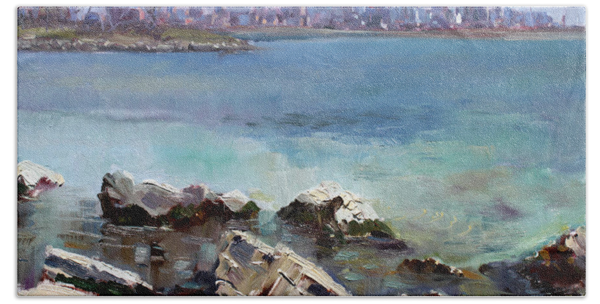 Toronto Beach Towel featuring the painting Rocks n' the City by Ylli Haruni