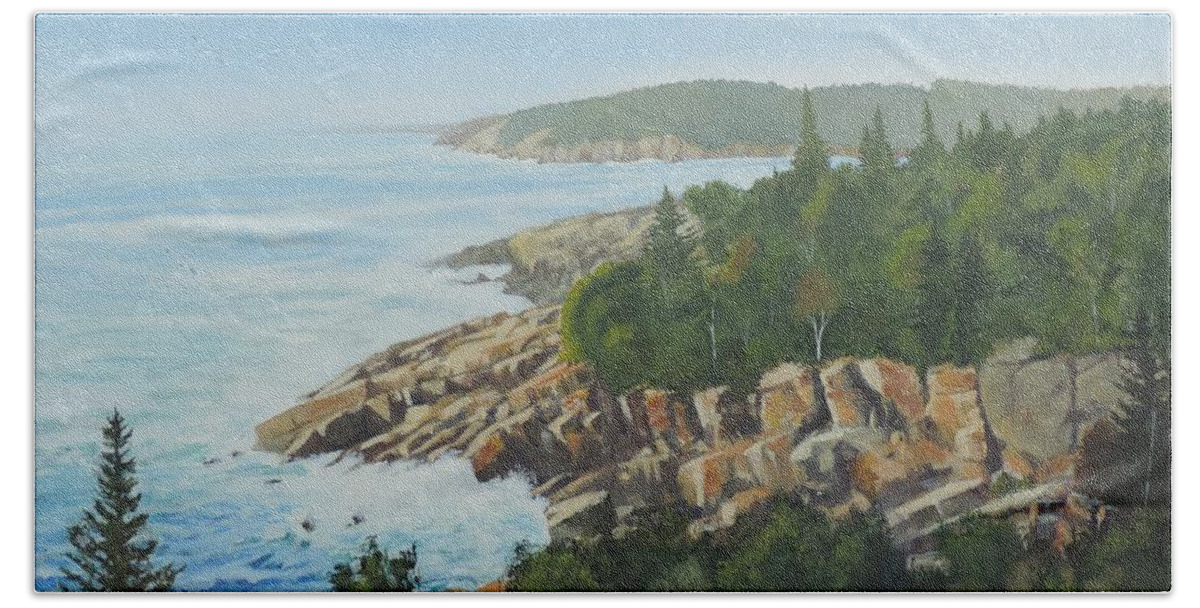 Rocky Beach Towel featuring the painting Rocky Coast of Maine by Bill Tomsa