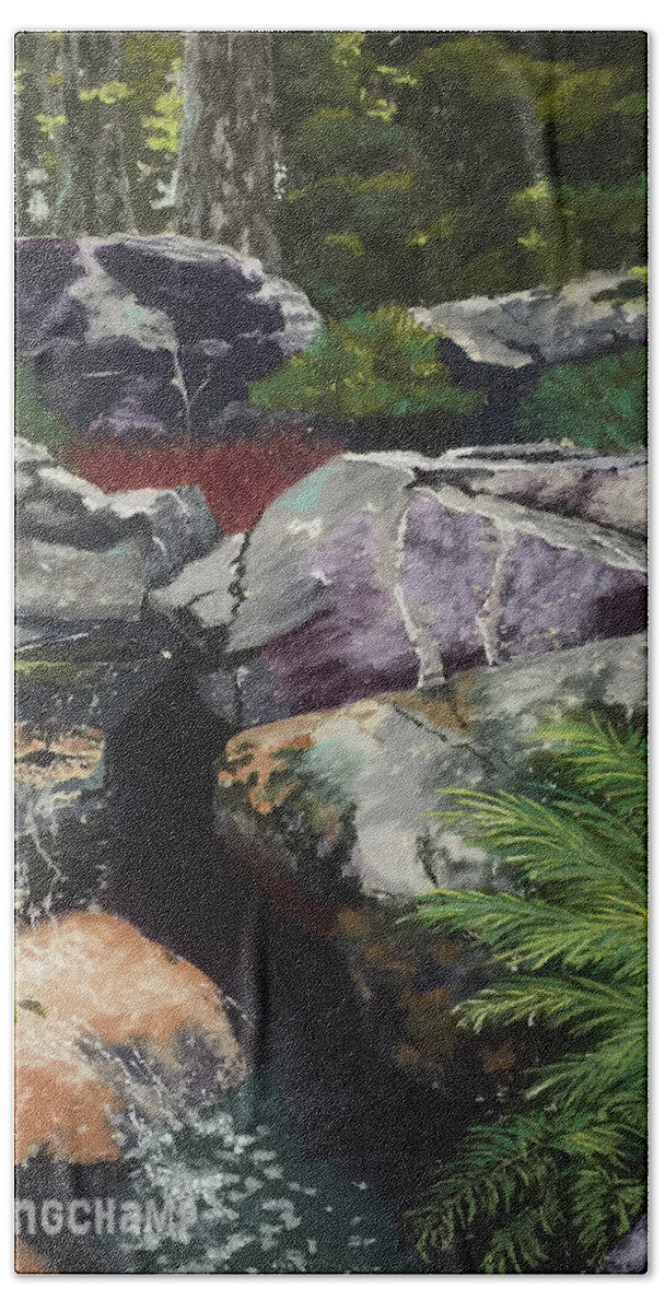 Rocky Creek Beach Towel featuring the pastel Rocky Creek by Gerry Delongchamp