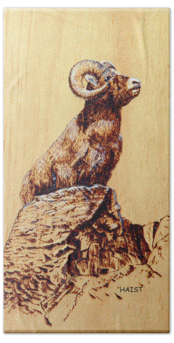 Ram Beach Towel featuring the pyrography Rocky Mountain Bighorn Sheep by Ron Haist