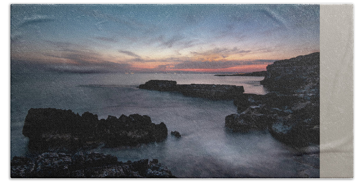 Michalakis Ppalis Beach Towel featuring the photograph Rocky Coastline and Beautiful Sunset by Michalakis Ppalis