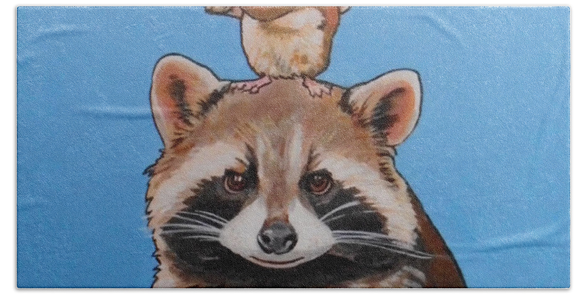 Raccoon And Squirrel Beach Towel featuring the painting Rodney the Raccoon by Sharon Cromwell