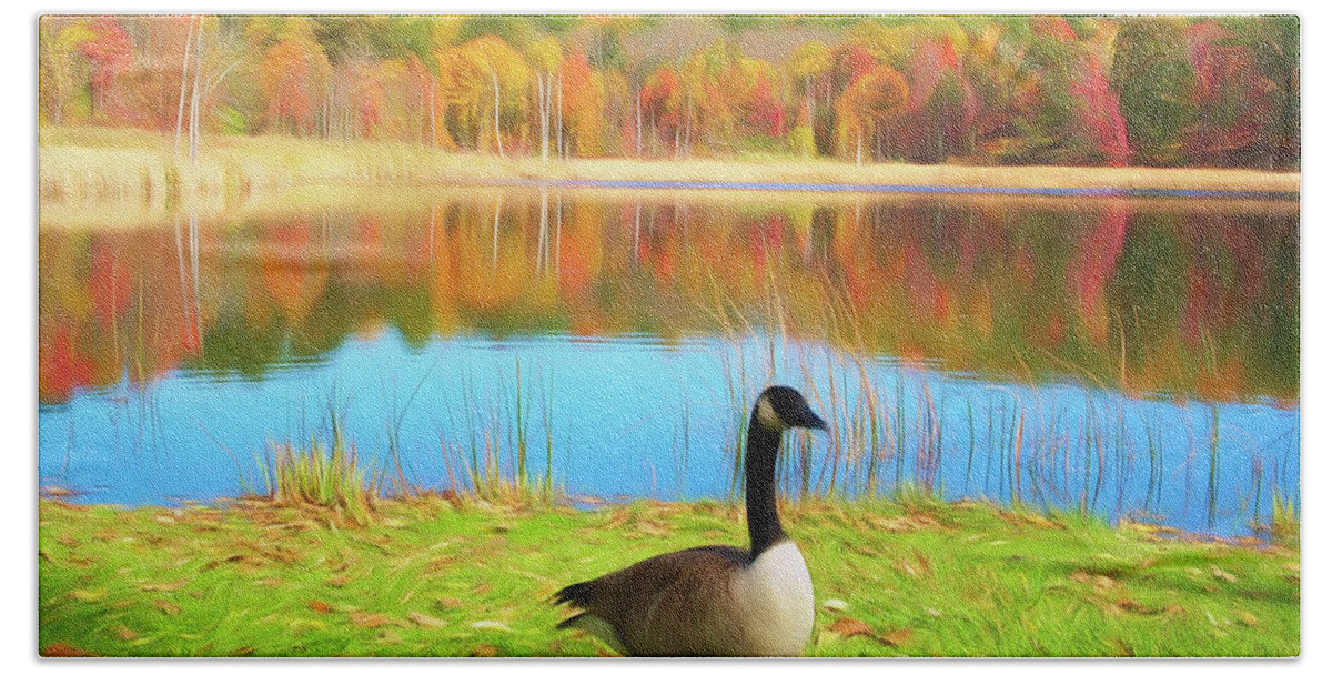 Autumn Beach Towel featuring the photograph Romantic Skies Autumn Pond Goose by Aimee L Maher ALM GALLERY