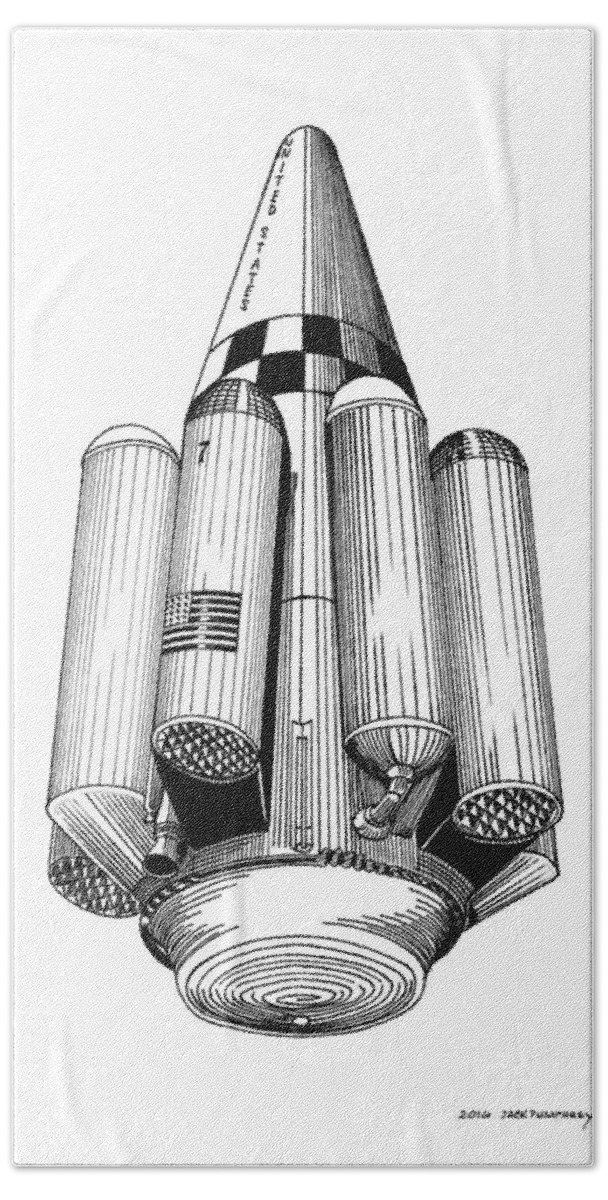 Rombus; American Ssto Vtovl Orbital Launch Vehicle. Bono Original Design For Ballistic Single-stage-to-orbit (not Quite - It Dropped Liquid Hydrogen Tanks On The Way Up Beach Sheet featuring the drawing Rombus Heavey Lift Reusable Rocket by Jack Pumphrey