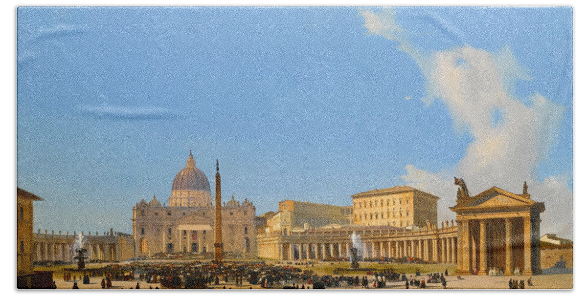 Ippolito Caffi Beach Towel featuring the painting Rome A view of Saint Peter's Basilica and Square with Crowds awaiting a Papal Audience by Ippolito Caffi