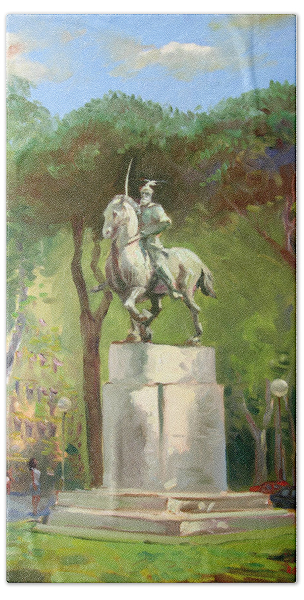 Horseman Statue Portraying The Albanian Hero Beach Towel featuring the painting Rome Piazza Albania by Ylli Haruni