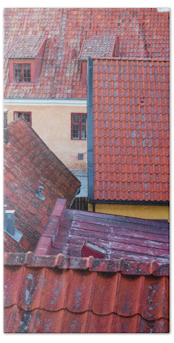 Roof Beach Towel featuring the photograph Rooftops of the Swedish town Visby by GoodMood Art