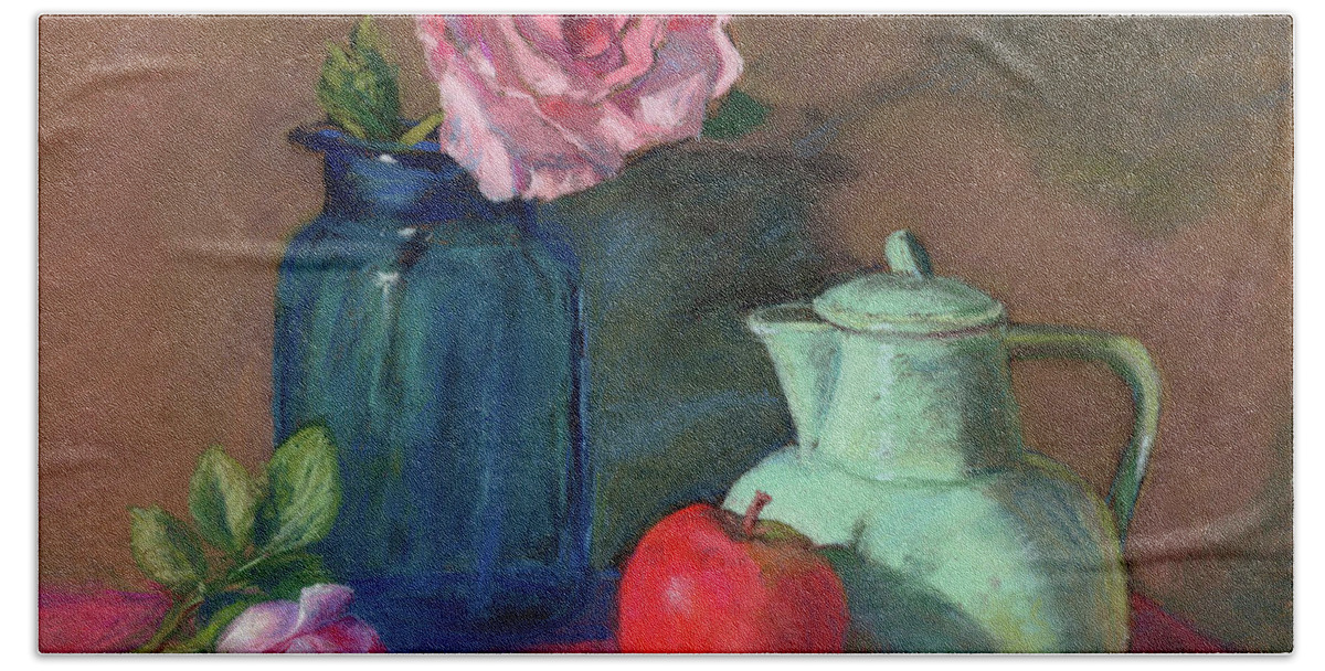 Rose Beach Sheet featuring the painting Rose in Blue Jar by Vikki Bouffard