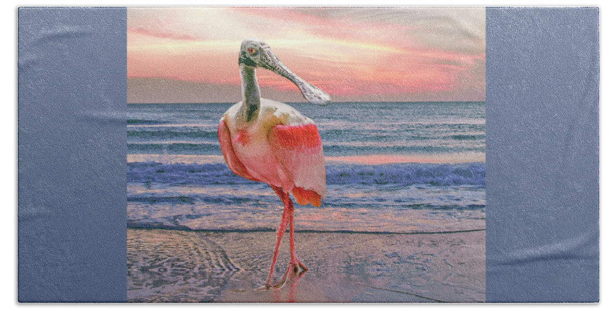 Roseate Spoonbill Beach Sheet featuring the photograph Roseate Spoonbill at sundown by Brian Tarr