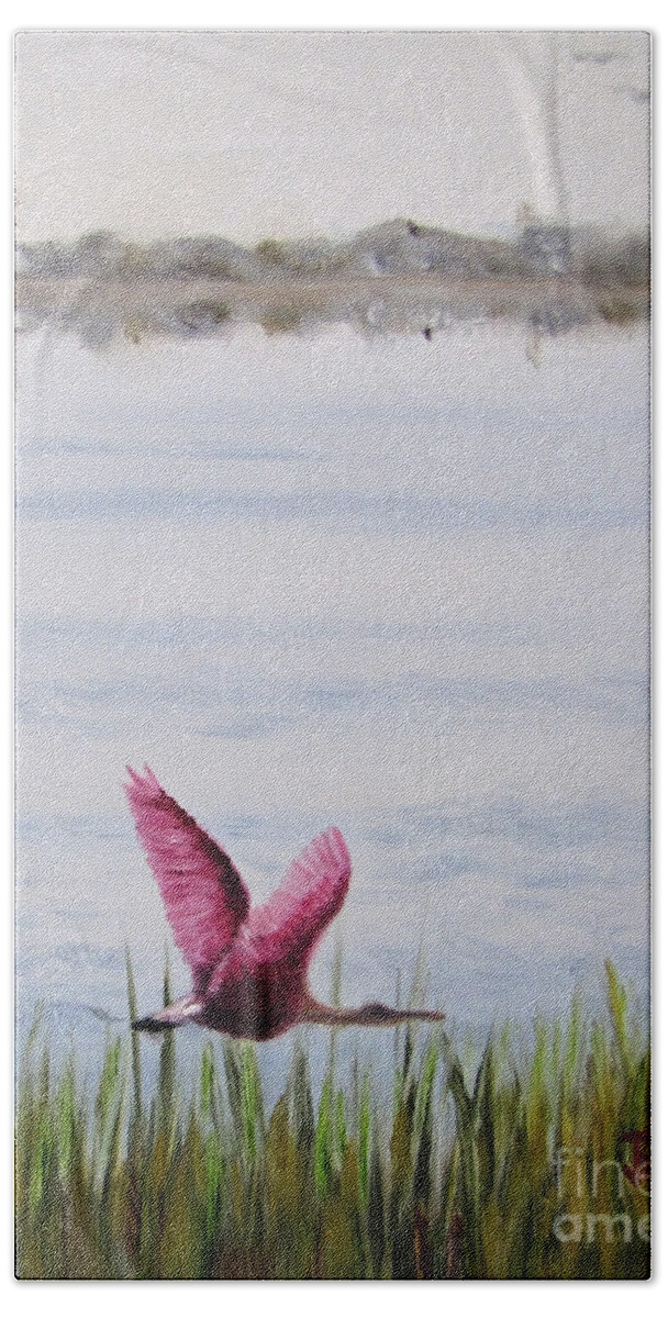 Roseate Spoonbill Beach Towel featuring the painting Roseate Spoonbill Flight Over the Bay by Jimmie Bartlett
