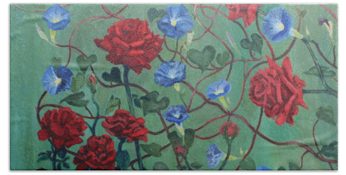 Roses Beach Towel featuring the painting Roses and Morning Glories by Vera Smith